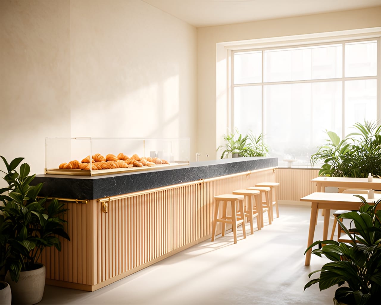 A bright café counter with oak stools (AI-generated illustration)
