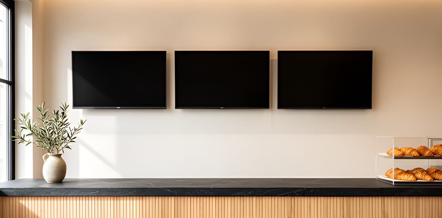 A restaurant counter with three TV screens on the wall (AI-generated illustration)
