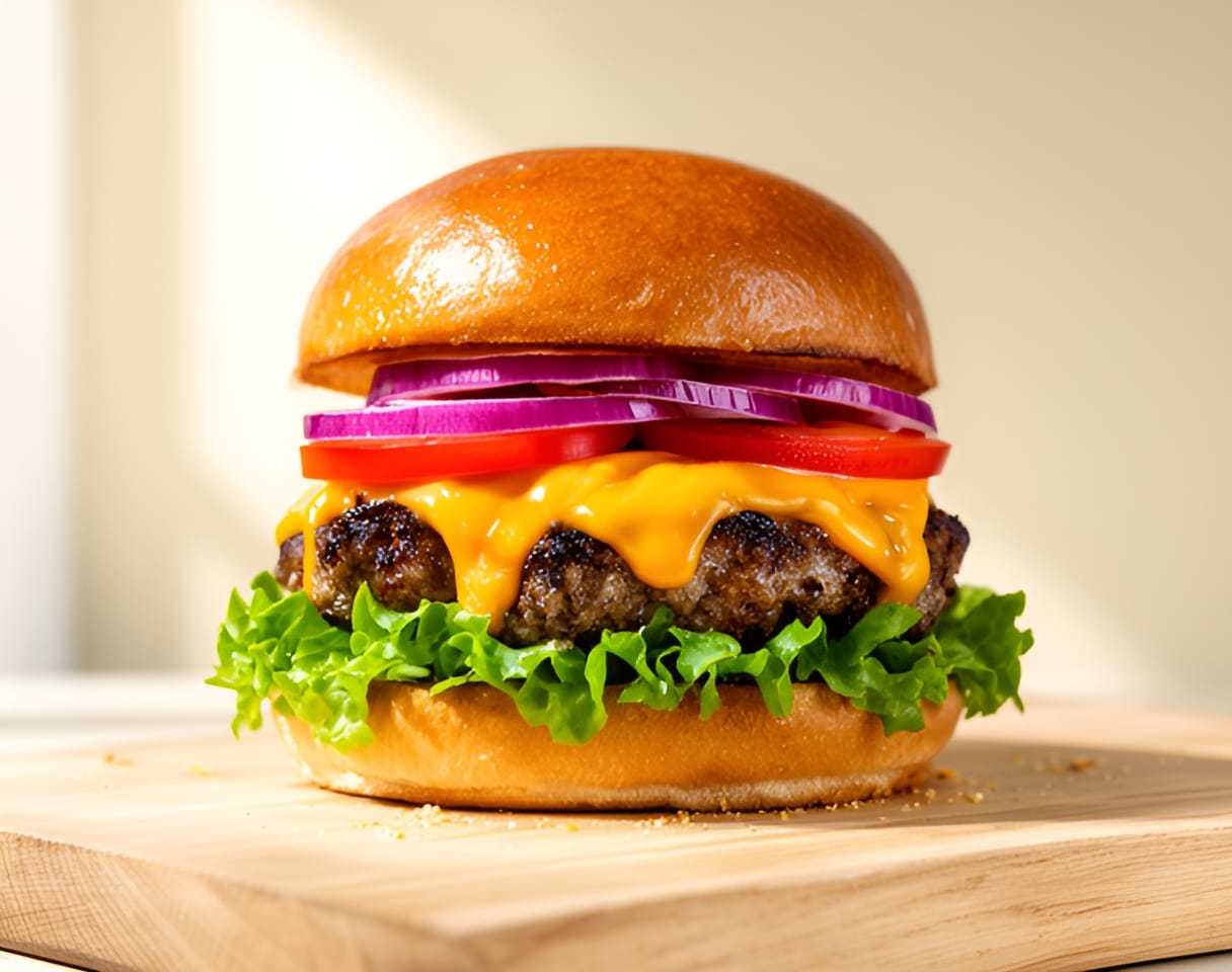 A gourmet cheeseburger on an oak board