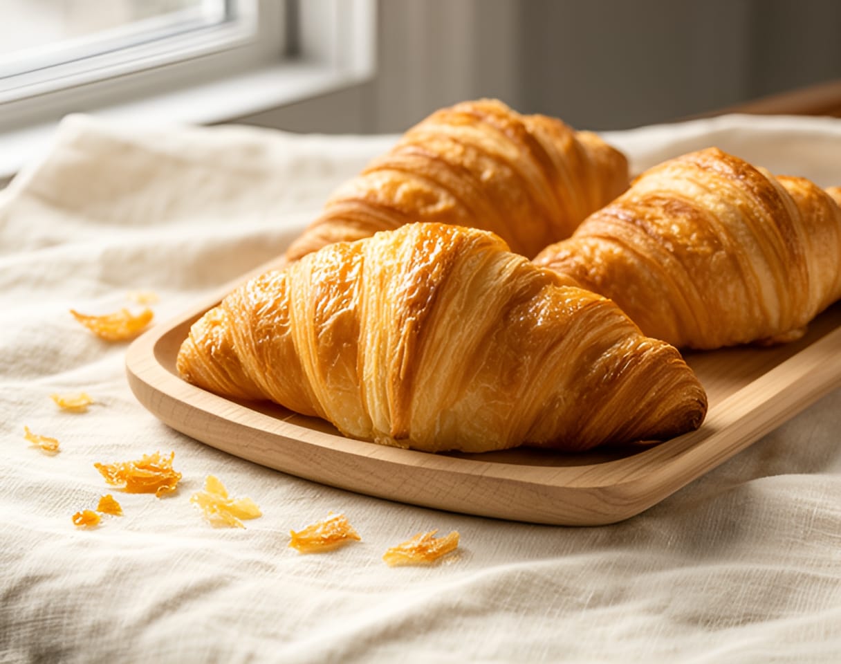 Golden butter croissants on a linen cloth
