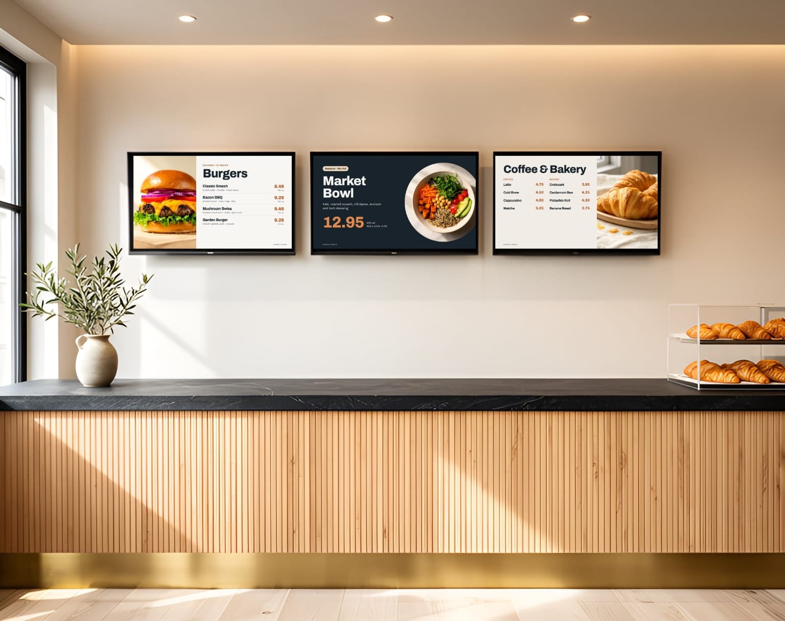 A bright restaurant counter with three CastMenu sample menu boards on the wall (AI-generated illustration)